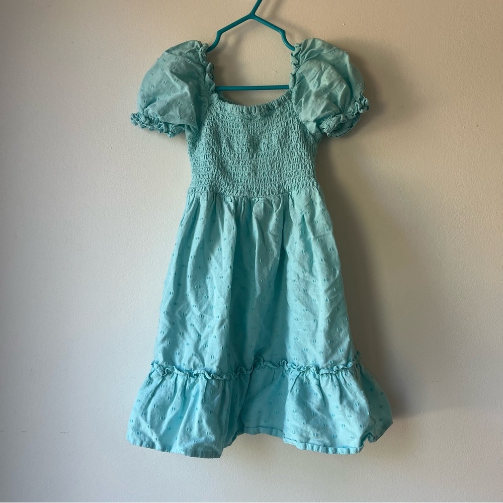 The Children’s Place Girls Puff Sleeve Smocked Dress Aqua Blue Ruffle Hem Size 4